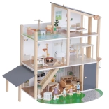 maison de poupées en bois avec ascenseur et terrasse sur le toit