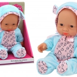 Petite poupée – bébé en tenue bleue avec bonnet à oreilles