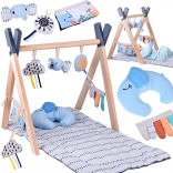 Arche de jeux en bois avec tapis éducatif et jouets suspendus pour bébés