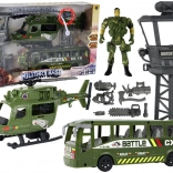 Set militaire avec hélicoptère, véhicule de combat, tour de contrôle et figurine de soldat