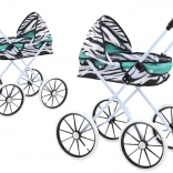 Poussette pour poupées avec capote pliable, grandes roues, motif zèbre – turquoise