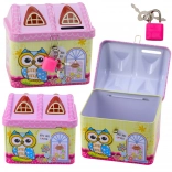 Tirelire métallique Maisonette hibou avec clé rose