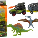 Set de dinosaures avec voiture, lance-roquettes et remorque avec cage