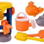 Grand set de plage avec moulin, pelle, râteau, arrosoir et moules