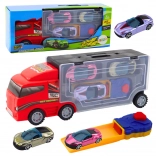 Camion rouge avec garage mobile et lanceur + 3 petites voitures