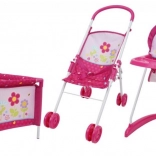 Ensemble 3 pièces pour poupées – poussette, chaise haute et lit de voyage Fleurs