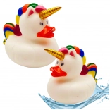 Canard licorne de bain – blanc avec crinière et queue arc‑en‑ciel