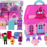 Maison de poupées rose avec mobilier et figurines