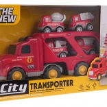 Set de véhicules de pompiers avec camion-porteur – transporteur et 4 petites voitures avec lumières et sons