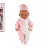 Poupée bébé HAMIRO 40 cm avec corps rigide en grenouillère blanc‑rose et petit bonnet rose