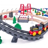 Circuit de train en bois avec locomotive à pile, 80 pièces