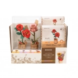 Présentoir avec camélia rouge et rose rose