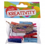 Mini-pinces à linge en bois colorées 3,5 cm avec ficelle, 15 pcs