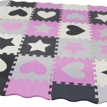 Tapis puzzle en mousse gris-rose avec motifs de cœurs et d’étoiles 28 × 28 cm