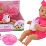 Poupée en tissu bébé avec serre-tête rose et set d’alimentation