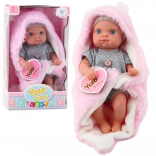 Poupée en tissu bébé en pyjama gris avec couverture rose à oreilles de lapin 23 cm