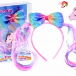 Set de coiffure pour fille avec nœud arc-en-ciel scintillant, licorne et bague