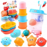Ensemble coloré de jouets de bain avec organiseur, petits bateaux et animaux